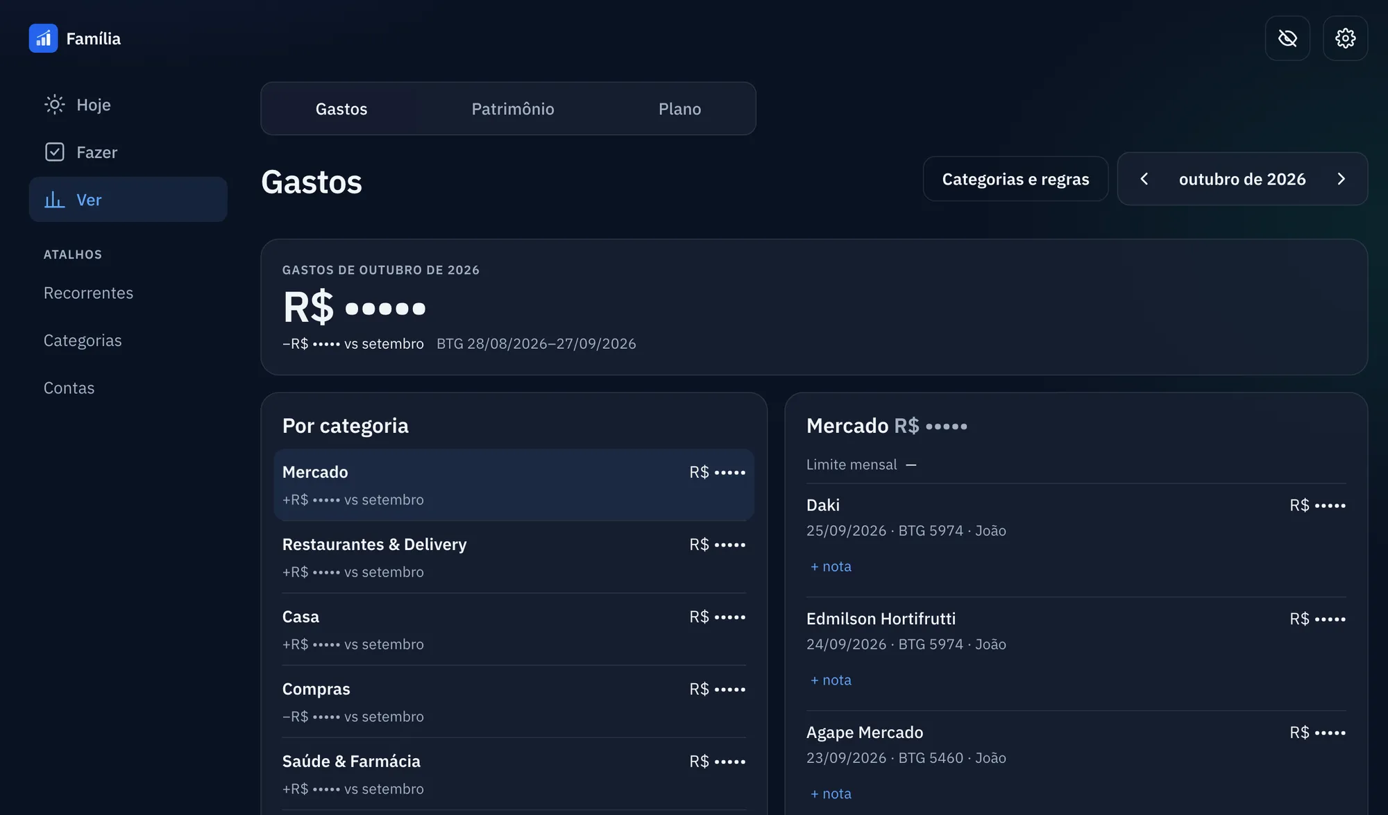 Tela do app de finanças da família: aba Gastos de outubro de 2026, com gastos por categoria e os lançamentos do mercado; os valores aparecem escondidos