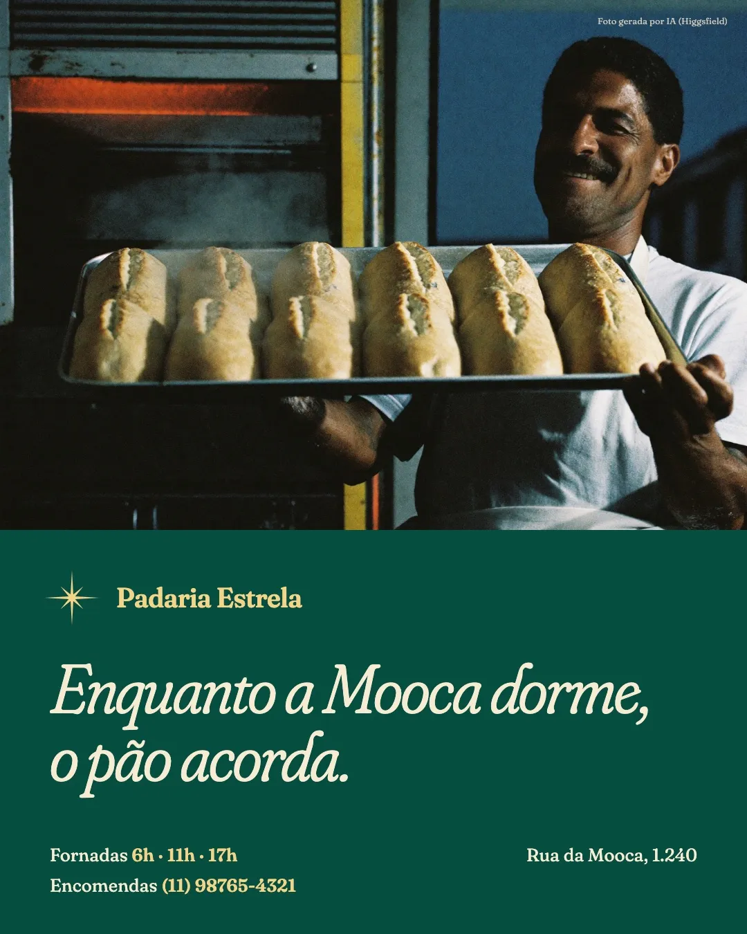 Pôster da Padaria Estrela: a foto do padeiro com a assadeira de pães em cima; embaixo, um painel verde com a estrela dourada de oito pontas, o nome e a frase Enquanto a Mooca dorme, o pão acorda, em letra cursiva clara