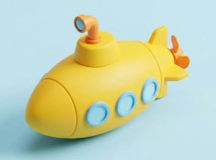 Imagem gerada por IA de um submarino amarelo de brinquedo, com escotilhas azuis, sobre fundo azul-claro