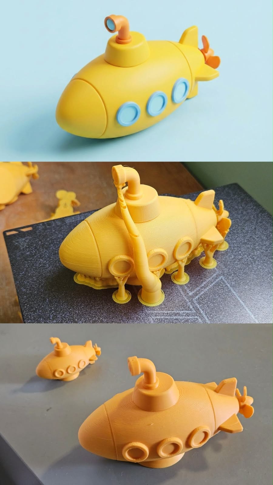 Submarino amarelo: a imagem gerada por IA, a peça sendo impressa na impressora 3D e duas peças prontas